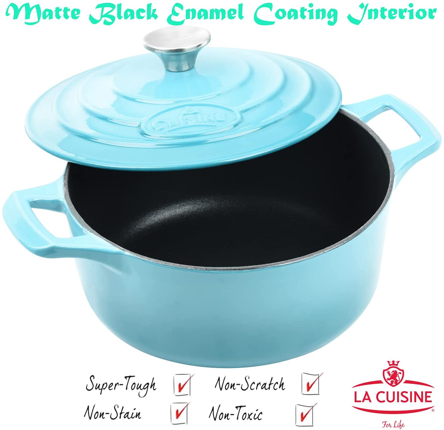  La Cuisine Enameled Cast Iron Dutch Oven Casserole Dish Pot  with Lid, 2.1 QT 7.8 Inches Dia. Matte Black Enamel Interior, Cranberry  Porcelain Enamel Exterior Oven-Safe: Home & Kitchen